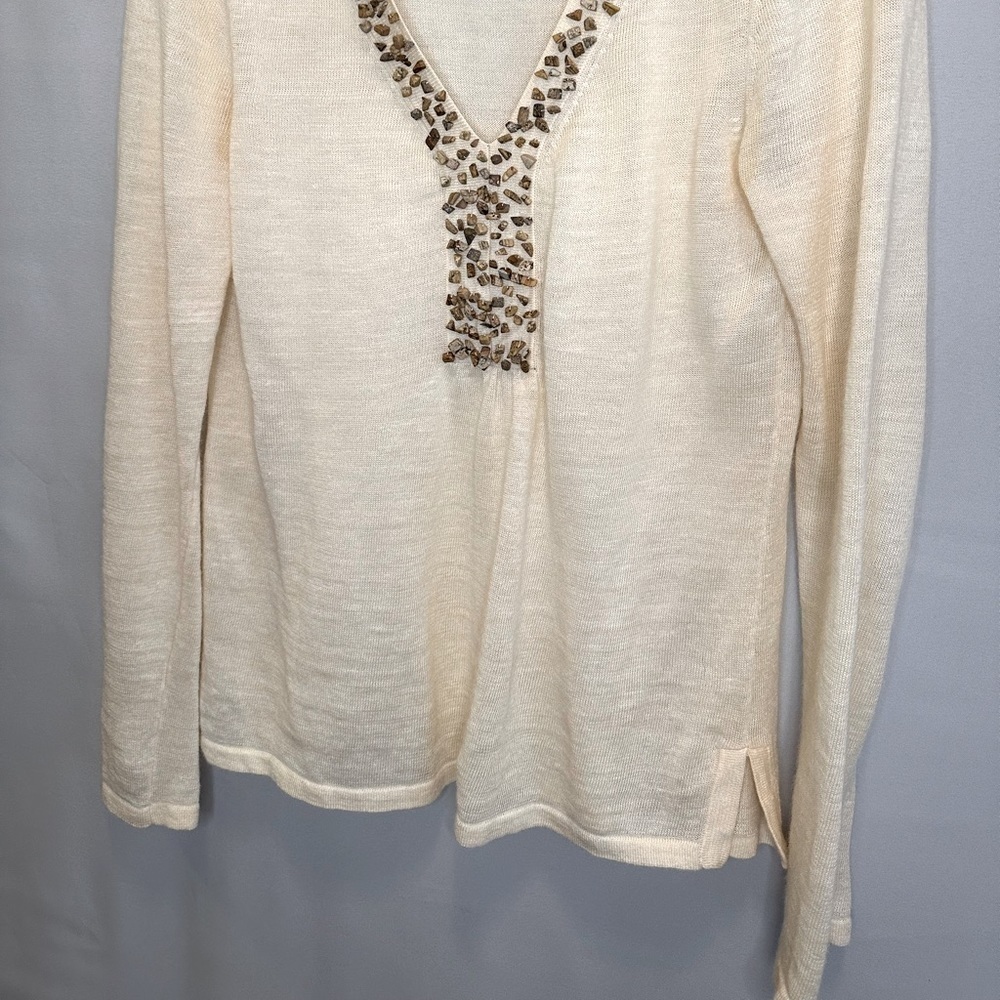 Evie Womens Blouse 100% Linen Knit Beaded Long Sleeve Side Slit Tunic Sweater S - Picture 6 of 9